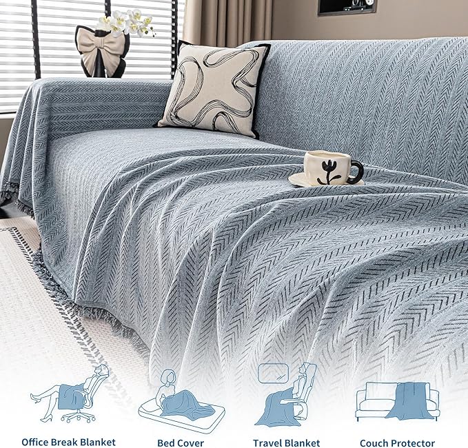 Nobildonna Sofa Cover Washable Soft Thicken Chenille Couch Cover with Tassel,Waterproof Sofa Slipcover for 3-4 Cushion Couch,Sectional Sofa,L-Shaped Furniture Protector Pet-Friendly,Dusty Blue71 x150