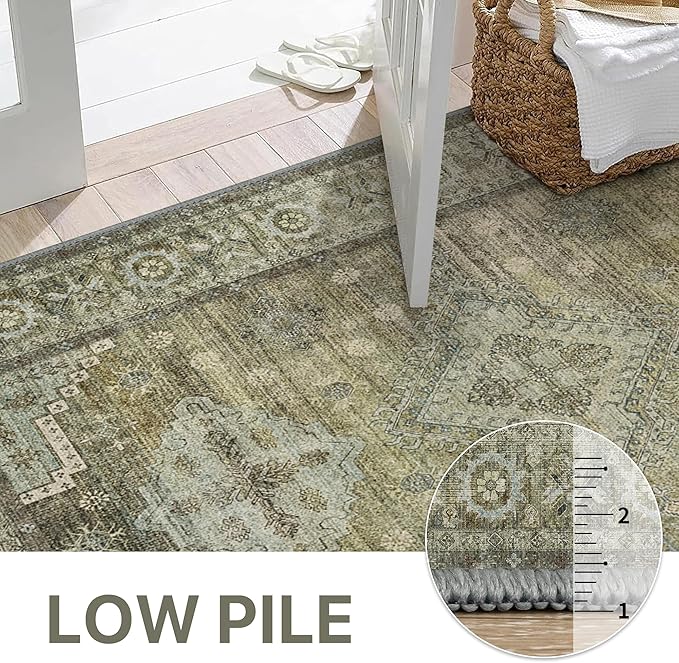 GENIMO Runner Rug 2x12 Non Slip Machine Washable Vintage Hallway Runner Rugs, Low Pile Lightweight Mat for Living Room, Entryway, Bedroom, Kitchen and Corridor, Distressed Sage