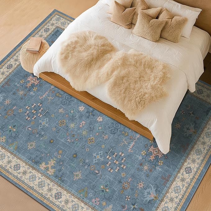 Boho 8x10 Large Area Rugs for Living Room - Eclectic Dusky Blue Rug for Bedroom Under Bed, Dining Room Under Kitchen Table, Washable Soft Non Slip Unique Colorful Indoor Décor