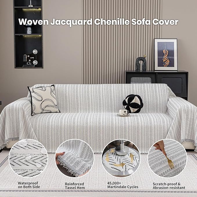 Nobildonna Sofa Cover Washable Soft Thicken Chenille Couch Cover with Tassel,Waterproof Sofa Slipcover for 3-4 Cushion Couch,Sectional Sofa,L-Shaped Furniture Protector Pet-Friendly,Beige 71"x150"