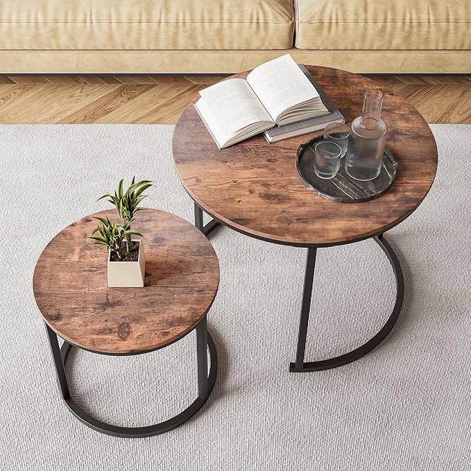 Small Coffee Table Living Room, Black Round Coffee Table Nesting Table Set of 2,Metal Frame with Wood Sofa Table,Sturdy and Easy Assembly,Stacking Side Table for Bedroom,Office,Balcony