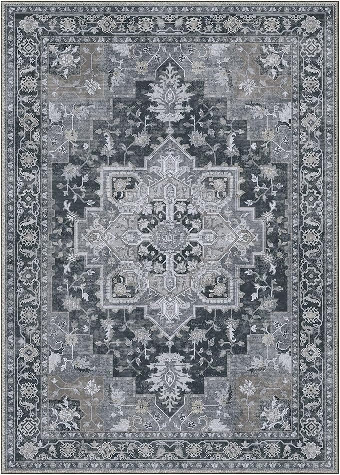 GENIMO 10x14 Area Rugs for Living Room, Machine Washable Non Slip Vintage Rugs, Low Pile Lightweight Chenille Print Rug for Bedroom, Dining Room, Home Office,Dark Gray