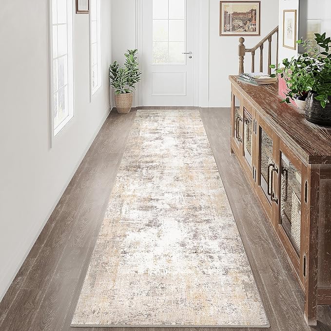 3x10 Washable Runner Rug Beige Grey Neutral Abstract Hallway Kitchen Living Room Bedroom Non Slip Throw Rug Soft Low Pile Indoor Carpet for Entrance Laundry Bathroom