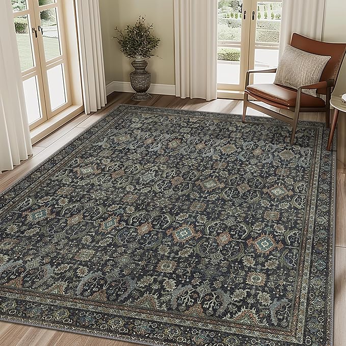 8X10 Area Rugs Machine Washable Rugs for Living Room, Vintage Boho Large Rugs for Bedroom Dining Room, Non Slip Indoor Soft Distressed Lightweight Thin Low Pile Carpet, Black