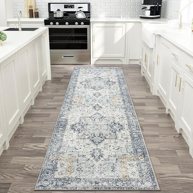 GENIMO Runner Rug 2'6''x10, Non Slip Vintage Hallway Runner Rugs, Low Pile Lightweight Machine Washable Mat for Hallway, Entryway, Bedroom, Kitchen and Corridor, Blue
