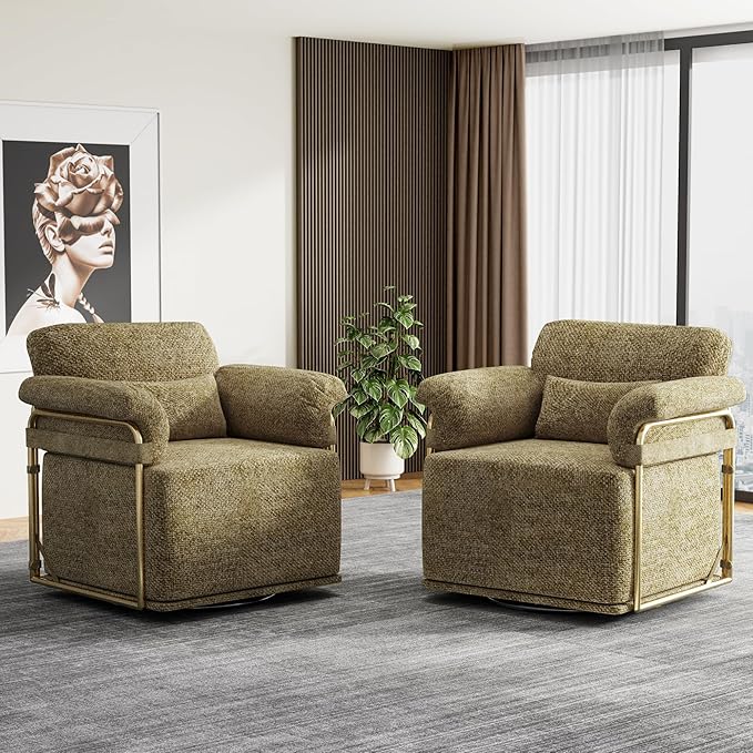 KEIKI Modern Comfy Swivel Accent Reading Chair with Waist Pillows, 360°Square Upholstered Barrel Armchair Single Club Lounge Sofa Chairs for Living Room,Bedroom,Office,Brown