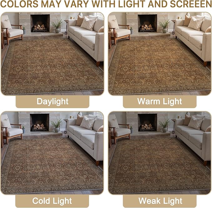 9X12 Area Rugs Machine Washable Rugs for Living Room, Vintage Boho Large Rugs for Bedroom Dining Room, Non Slip Indoor Soft Distressed Lightweight Thin Low Pile Carpet, Rustic Brown