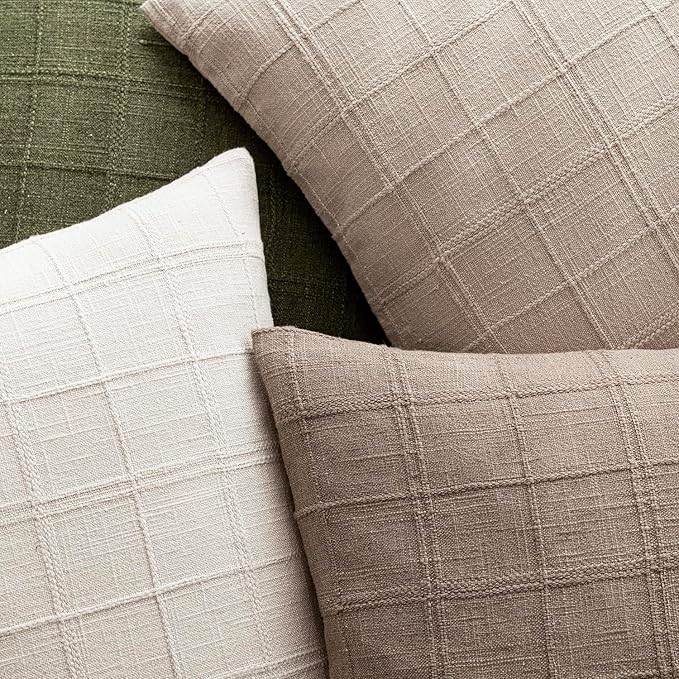 Foindtower Set of 2 Decorative Linen Check Throw Pillow Covers Neutral Farmhouse Vintage Cushion Covers Modern Boho Home Decor for Sofa Chair Couch Bedroom Living Room Outdoor,20×20 Inch,Tan Taupe