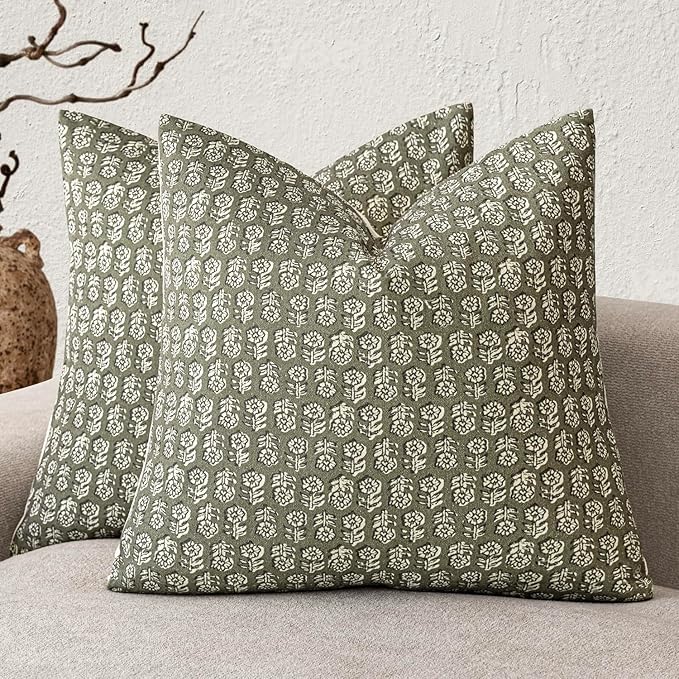 Foindtower Set of 2 Decorative Neutral Floral Print Throw Pillow Covers Vintage Accent Farmhouse Cushion Covers Boho Home Decor for Sofa Couch Chair Bedroom Living Room Outdoor,20×20 Inch,Sage Green