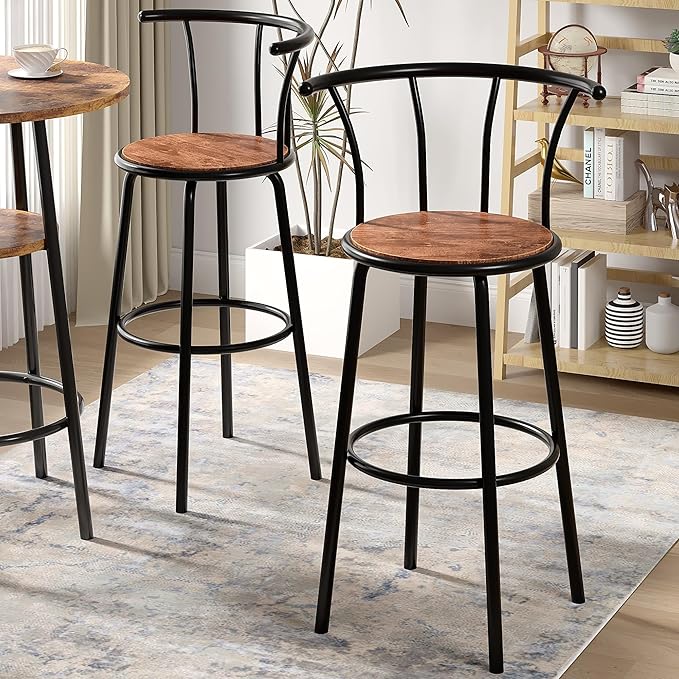VECELO Bar Stools Set of 4, Swivel Counter Barstools with Backrest, Bar Height Chairs for Dining Room, Kitchen Island, Pub, Easy Assembly, Brown