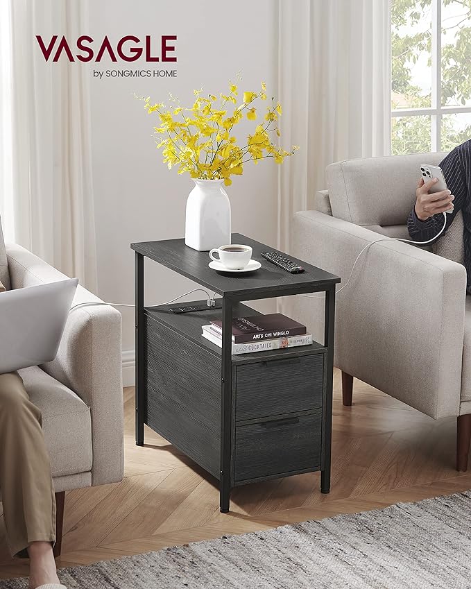 VASAGLE Side Table with Charging Station, Narrow End Table with 2 Drawers, Slim Nightstand and Bedside Table with Storage, for Small Spaces, Black ULET321B22