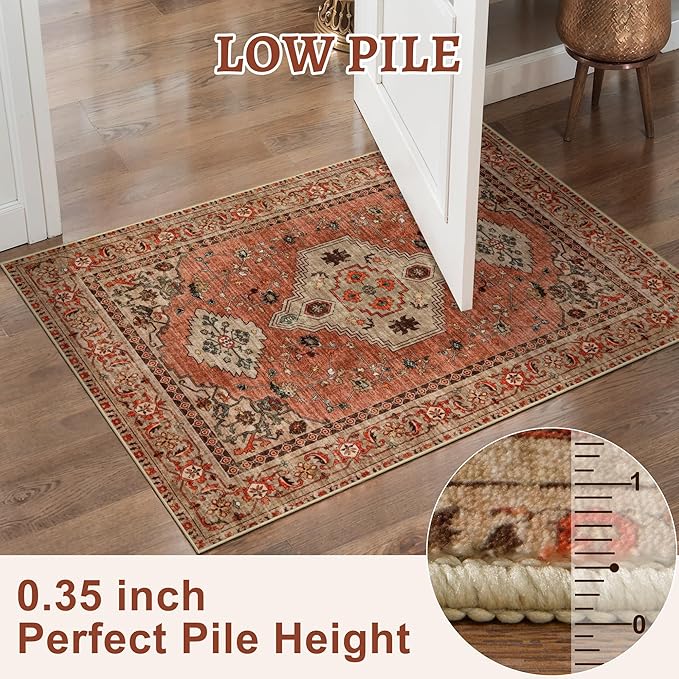 Tangsoo 2.6x8 Washable Runner Rug for Hallways, Non Slip Vintage Runner Rug, Soft Low Pile Long Rug Runner, Print Distressed Terracotta Carpet Runners for Kitchen Bedroom Entryway Bathroom Living Room