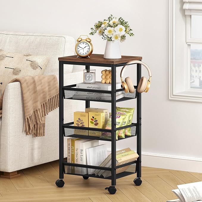 Hoctieon Rolling Storage Cart, 4-Tier Wide Panel Kitchen Storage Cart, Utility Carts with Handle & Wheels, Mobile Shelving Unit, Metal Frame Narrow Carts for Home Kitchen, Laundry, Rustic Brown