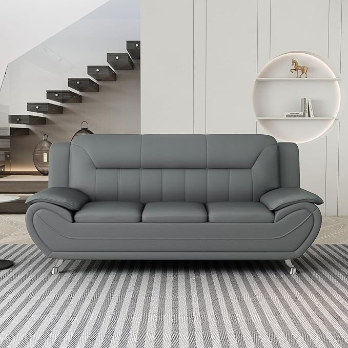 Container Furniture Direct Michael Modern Faux Leather Upholstered Stainless Steel Legs Living Room Sofa, Loveseat, Gray