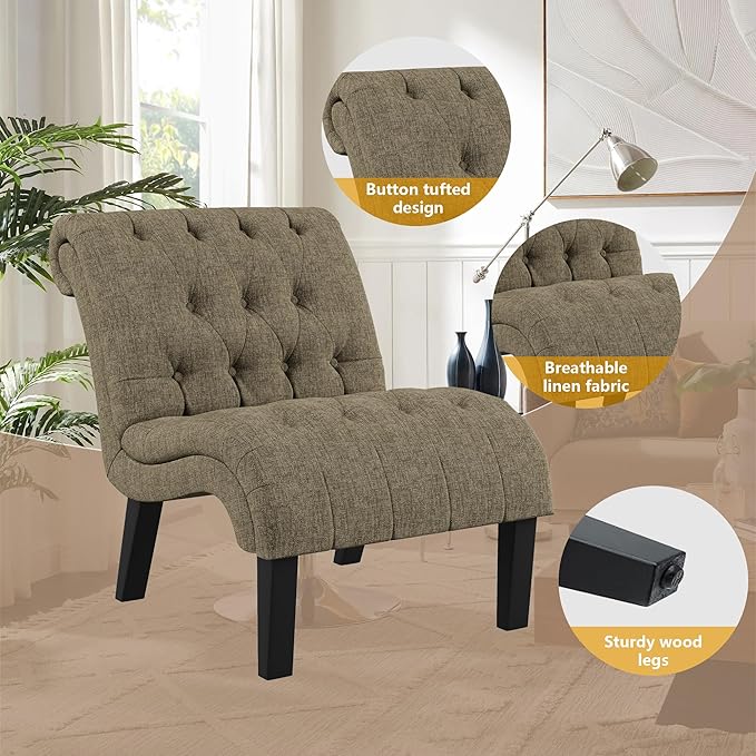 Yongqiang Accent Chairs Set of 2 Modern Armless Living Room Bedroom Side Chairs Button Tufted Upholstered Leisure Chair with Wood Legs