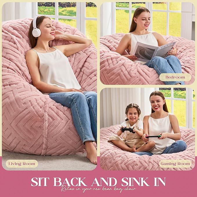 Hobestluk Bean Bag Chairs Adults Beanbag Chair with Filler Large Bean Bags with Fluffy Embossed Cover, Giant Bean Bag Chairs for Adults (Pink, 5FT - 50” x 50” x 24”)