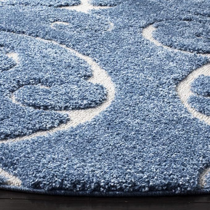 SAFAVIEH Florida Shag Collection Area Rug - 9' Round, Light Blue & Cream, Scroll Design, Non-Shedding & Easy Care, 1.2-inch Thick Ideal for High Traffic Areas in Living Room, Bedroom (SG455-6011)