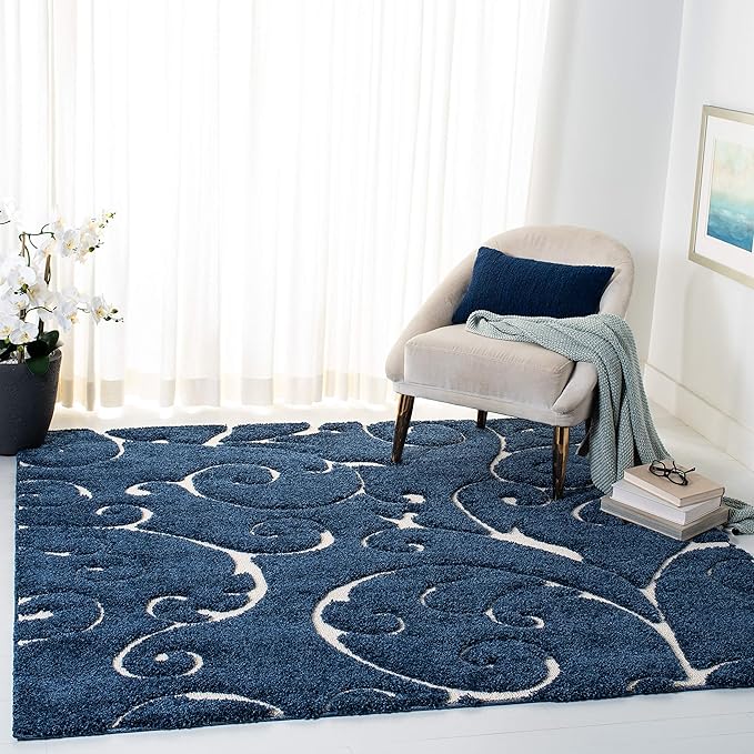 SAFAVIEH Florida Shag Collection Area Rug - 8' Square, Dark Blue & Cream, Scroll Design, Non-Shedding & Easy Care, 1.2-inch Thick Ideal for High Traffic Areas in Living Room, Bedroom (SG455-6511)