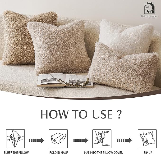 Foindtower 2 Pieces 22x22 Inch Light Khaki, Faux Fur Throw Pillow Cover Accent Sherpa Pillow Fuzzy Soft Pillowcases Sheepskin Decorative Fleece Cushion Case for Bed Couch Living Room