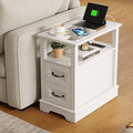 LINSY HOME Narrow End Table with Charging Station, Side Table with Glass Top, Open Shelf, and 2 Drawers, Small Sofa Table with Storage for Living Room, White