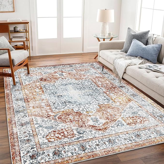 Area Rug 8x10 Washable Rug Tangerine Vintage Traditional Mat Distressed Indoor Foldable Thin Retro Accent Floral Print Rug Non Slip Carpet Living Room Dining Room Office