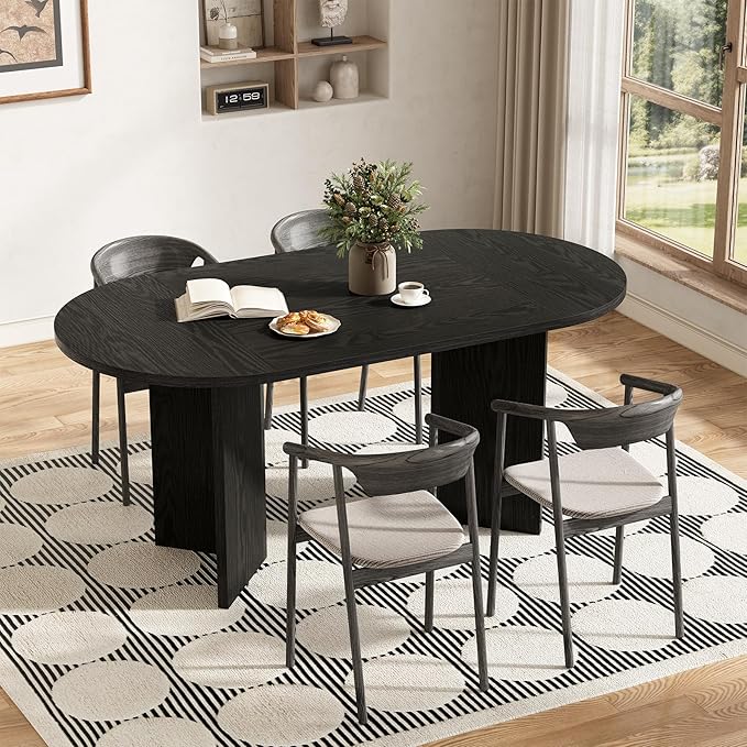 LITTLE TREE 63" Rustic Oval Dining Table for 4-6, Sturdy MDF Farmhouse Kitchen Table with Metal Strip Base, for Living Room, Office, Restaurant, Multi-Use, Black
