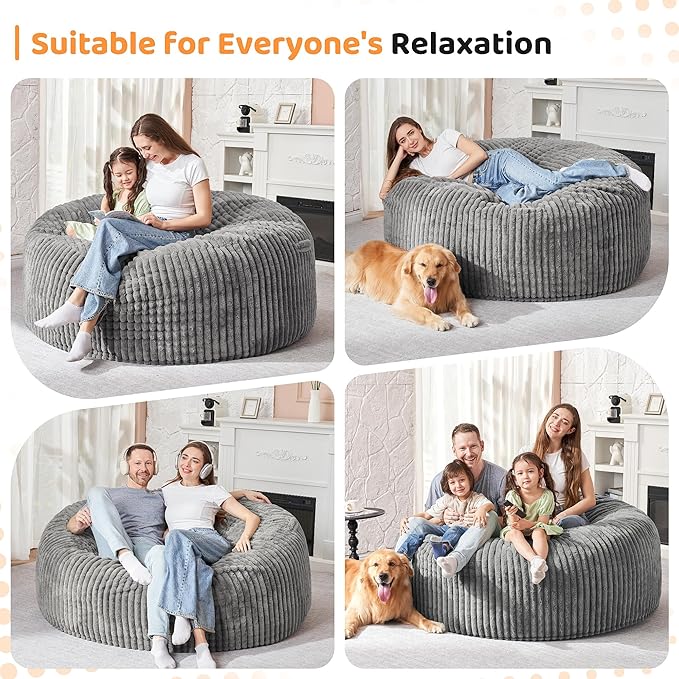 HABUTWAY 3FT Bean Bag Chair, 3' Large Bean Bag Chairs for Adults with Removable Stripe Plush Cover, Memory Foam Beanbag Chair for Living Room Bedroom Dorm (Grey)