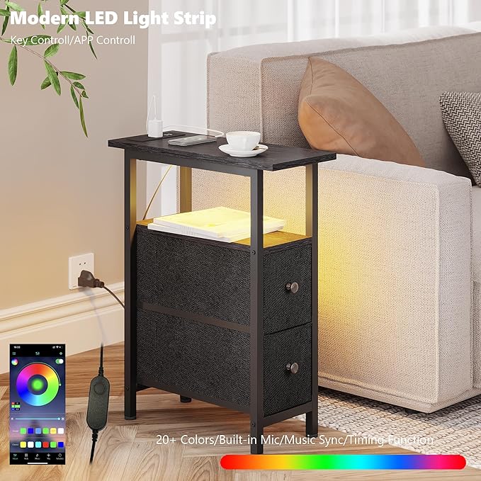 End Table with Charging Station, Narrow Side Table with 2 Fabric Drawers, Skinny Nightstand with LED Light, Slim Bedside Table for Bedroom, Living Room, Small Spaces, Black