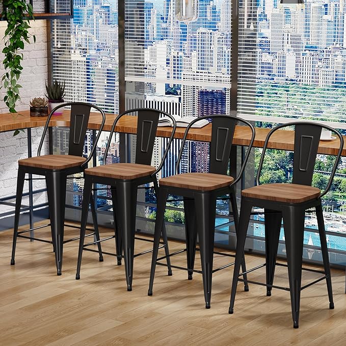 Changjie Furniture 30 Inches Metal Barstools Set of 4 Counter Height Bar Stools Industrial Stools with Backs High Back Chairs for Kitchen Island (30 Inch, Black)