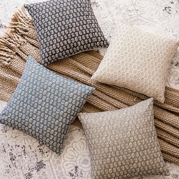 Foindtower Set of 2 Decorative Neutral Floral Print Throw Pillow Covers Vintage Accent Farmhouse Cushion Covers Boho Home Decor for Sofa Couch Chair Bedroom Living Room Outdoor,24×24 Inch,Dusty Blue