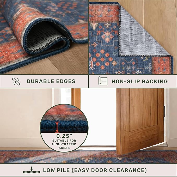 Washable 8 ft Long Runner for Kitchen Floor - Navy Blue Hallway Runner Rug, Pet Friendly Waterproof Non Slip with Rubber Backing, Stain Resistant Laundry Room Rug (2'6"x8' Navy Blue & Terracotta)