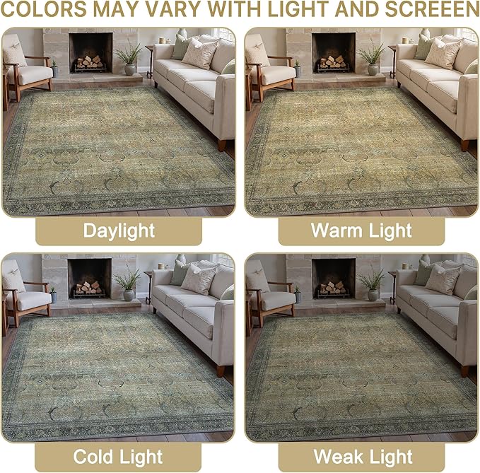 9X12 Area Rugs Machine Washable Rugs for Living Room, Vintage Boho Large Rugs for Bedroom Dining Room, Non Slip Indoor Soft Distressed Lightweight Thin Low Pile Carpet, Vintage Sunset
