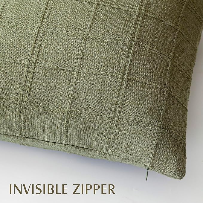 Foindtower Set of 2 Decorative Linen Check Throw Pillow Covers Neutral Farmhouse Vintage Cushion Covers Modern Boho Home Decor for Sofa Chair Couch Bedroom Living Room Outdoor,18×18 Inch,Sage Green