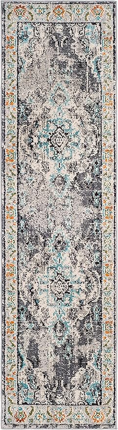 SAFAVIEH Monaco Collection Runner Rug - 2'2" x 22', Grey & Light Blue, Boho Chic Medallion Distressed Design, Non-Shedding & Easy Care, Ideal for High Traffic Areas in Living Room, Bedroom (MNC243G)