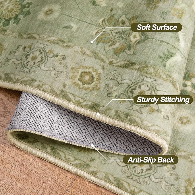 Tangsoo 4x6 Area Rug for Living Room, Washable Floral Vintage Rugs Indoor, Distressed Flaxen Green Carpet for Bedroom, Non Slip Dining Room, Soft Low Pile Rugs Foldable Floor Rug for Dorm Bedside