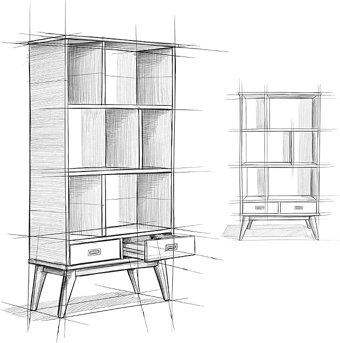 SIMPLIHOME Draper 35 inch Mid-Century Modern 6 Cubbie Bookcase with Drawer (Set of 2) in Teak Brown for The Living Room, Study Room and Office