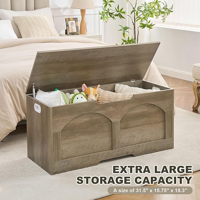 Storage Chest, 31.5" Retro Wooden Storage Bench, Entryway Storage Trunk, Supports 330 lb, Upgraded Safety Lift Support Hinge, Entryway Bench, U-Shaped Opening for Entryway Living Room, Grey