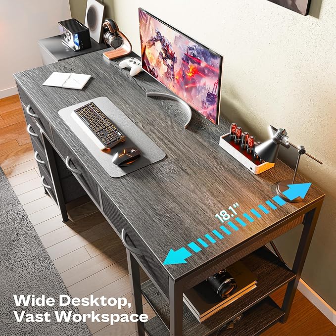 Huuger Computer Desk with 6 Drawers, 47 Inch Office Desk with Shelves, Reversible Gaming Desk, Corner Desk with Storage, for Home Office Study, Living Room, Gray
