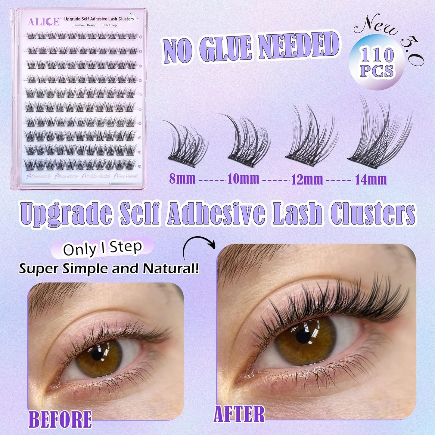 ALICE Self Adhesive Lashes Natural Look Self Adhesive Lash Clusters Wispy Reusable Press on Lashes Pre-Glue 8-14mm 120pcs C-Curly No Glue Needed Eyelashes