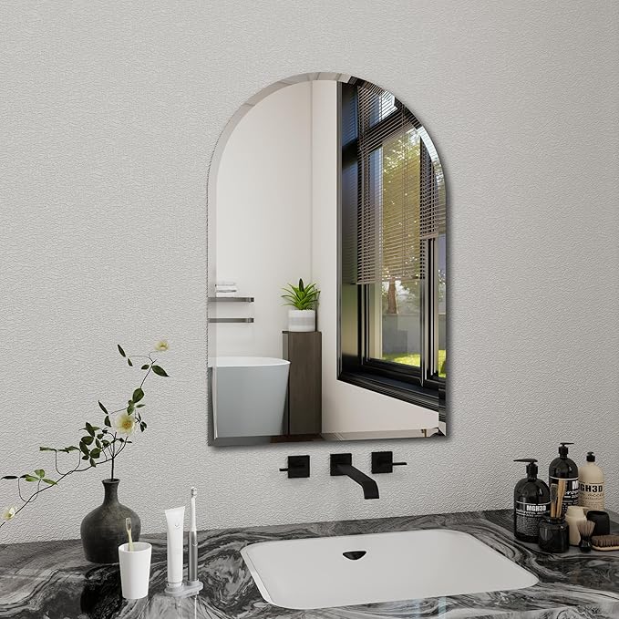 Arched Bathroom Mirror, 24X36 inch Arched Frameless Mirror, Arch Wall Mirror，Frameless Mirrors for Bathroom,Beveled Bathroom Mirror.