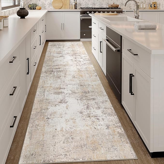 3x12 Washable Runner Rug Beige Grey Neutral Abstract Hallway Kitchen Living Room Bedroom Non Slip Throw Rug Soft Low Pile Indoor Carpet for Entrance Laundry Bathroom