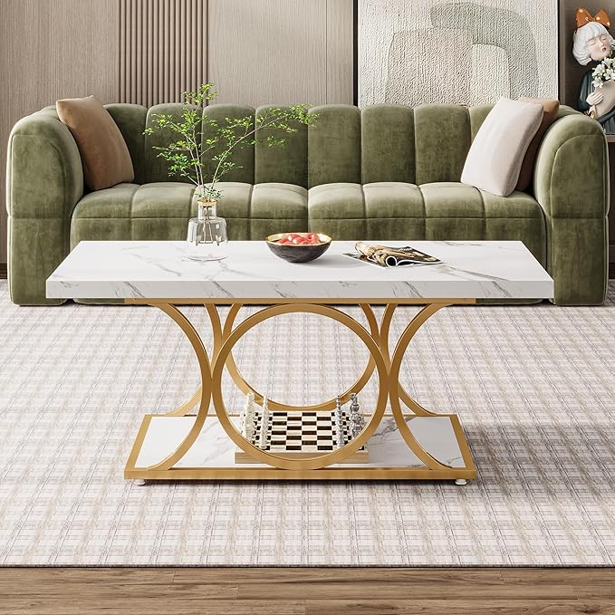 Tribesigns Rectangle Coffee Table, 46.45-inch Modern Coffee Tables for Living Room, 2-Tier Faux Marble Wood Coffee Table with Geometric Legs, Furniture with Storage Shelf (White & Gold)