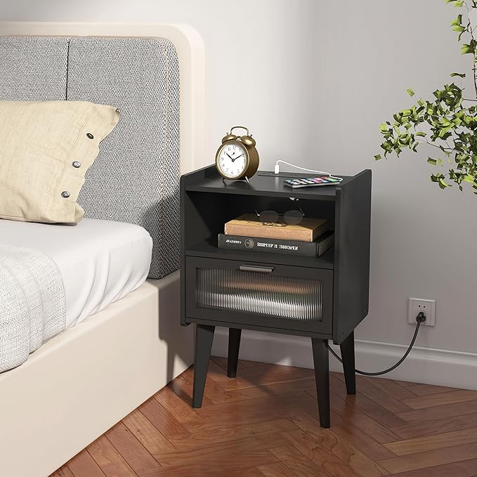Nightstand with Charging Station, Bedside Tables Set of 2, End Table Side Table with 2 Tiers Storage Space, for Bedroom, Living Room, Black MLBZ07BEV-2
