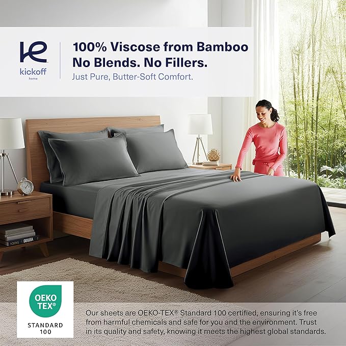 Kickoff Viscose Bamboo Sheets California King Size 4-pc 100% Organic Bamboo Viscose Bed Cooling Sheets Cal King Set Cool Bedding for hot Sleepers Sheet, Flat, Fitted, Pillowcases (Pewter, CK)