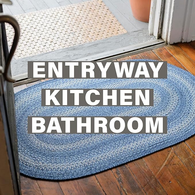 Homespice 27x45” Blue Oval Braided Rug. Denim Blue and White Jute Oval Rug. Uses- Entryway, Kitchen Rugs, Bathroom Rugs. Reversible, Rustic, Country, Primitive, Farmhouse Decor Rug