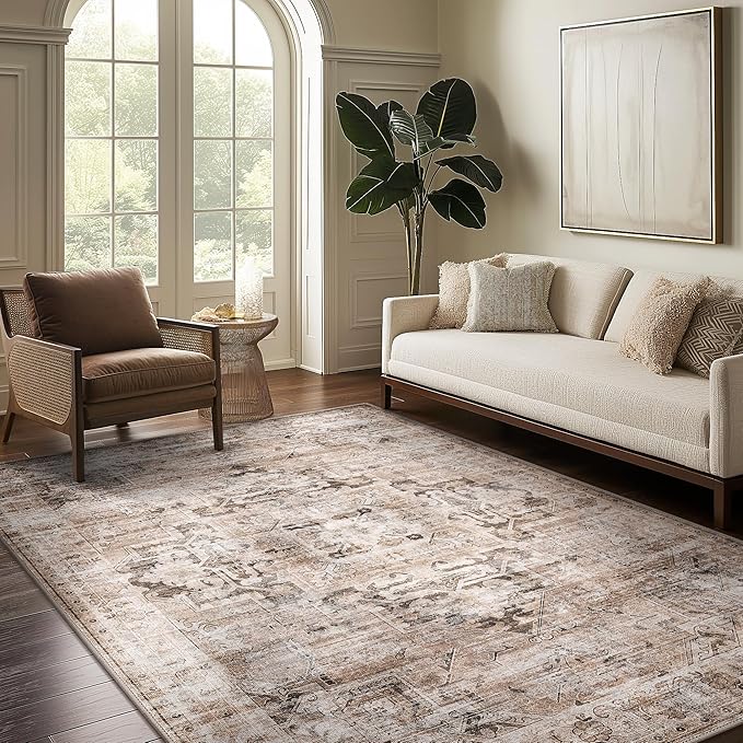 GENIMO 10x14 Area Rugs for Living Room, Machine Washable Non Slip Vintage Retro Rugs, Low Pile Lightweight Thin Print Rug for Bedroom, Dining Room, Home Office, Brownishi Drab