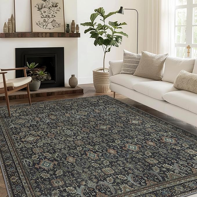 8X10 Area Rugs Machine Washable Rugs for Living Room, Vintage Boho Large Rugs for Bedroom Dining Room, Non Slip Indoor Soft Distressed Lightweight Thin Low Pile Carpet, Black