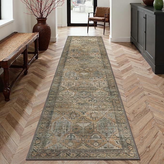 GENIMO 2x8 Runner Rugs for Hallway, Machine Washable Non Slip Vintage Rugs, Low Pile Lightweight Soft Print Rug for enrtyway, Corridor, Home Office, Kitchen, Warm Taupe