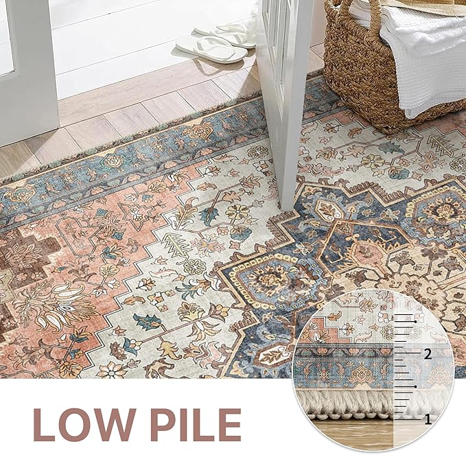 GENIMO 2x5 Runner Rugs for Hallway, Machine Washable Non Slip Vintage Rugs, Low Pile Lightweight Soft Print Rug for enrtyway, Corridor, Home Office, Kitchen, Blue Brick Red