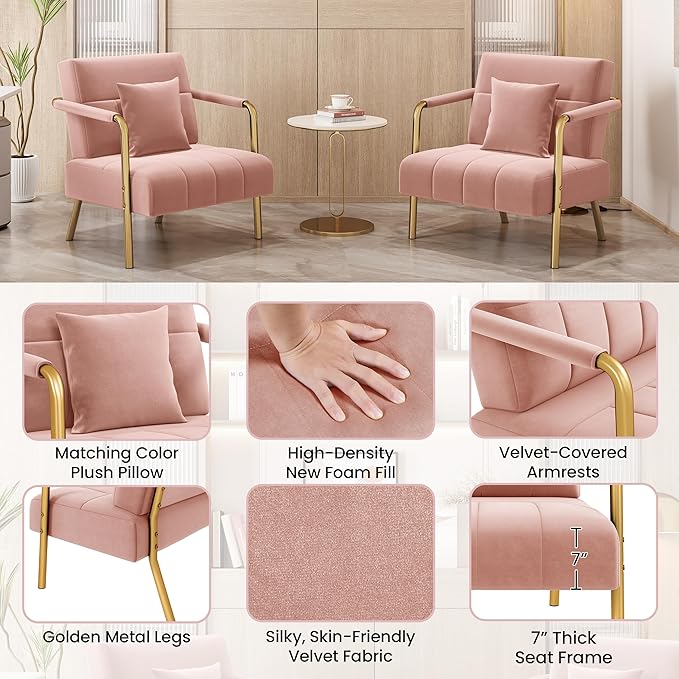 Yaheetech 30" W Modern Sofa Small Sofa Luxurious Velvet Fabric Couch with Gold-Tone Metal Arms and Legs for Living Room, Home Office, Studio Pink